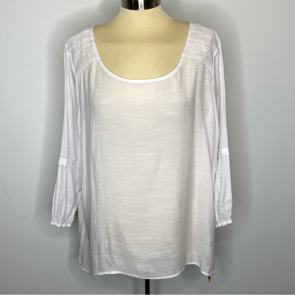 Hope & Harlow Bright White Bohemian Embroidered Trim Gauzy Blouse